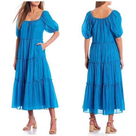 ANTONIO MELANI Turquoise Blue Puff Sleeve Tiered Midi Dress Silk Cotton New‎ - Picture 1 of 11